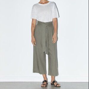 ZARA 100% Linen Belted Trouser Pants Olive Green